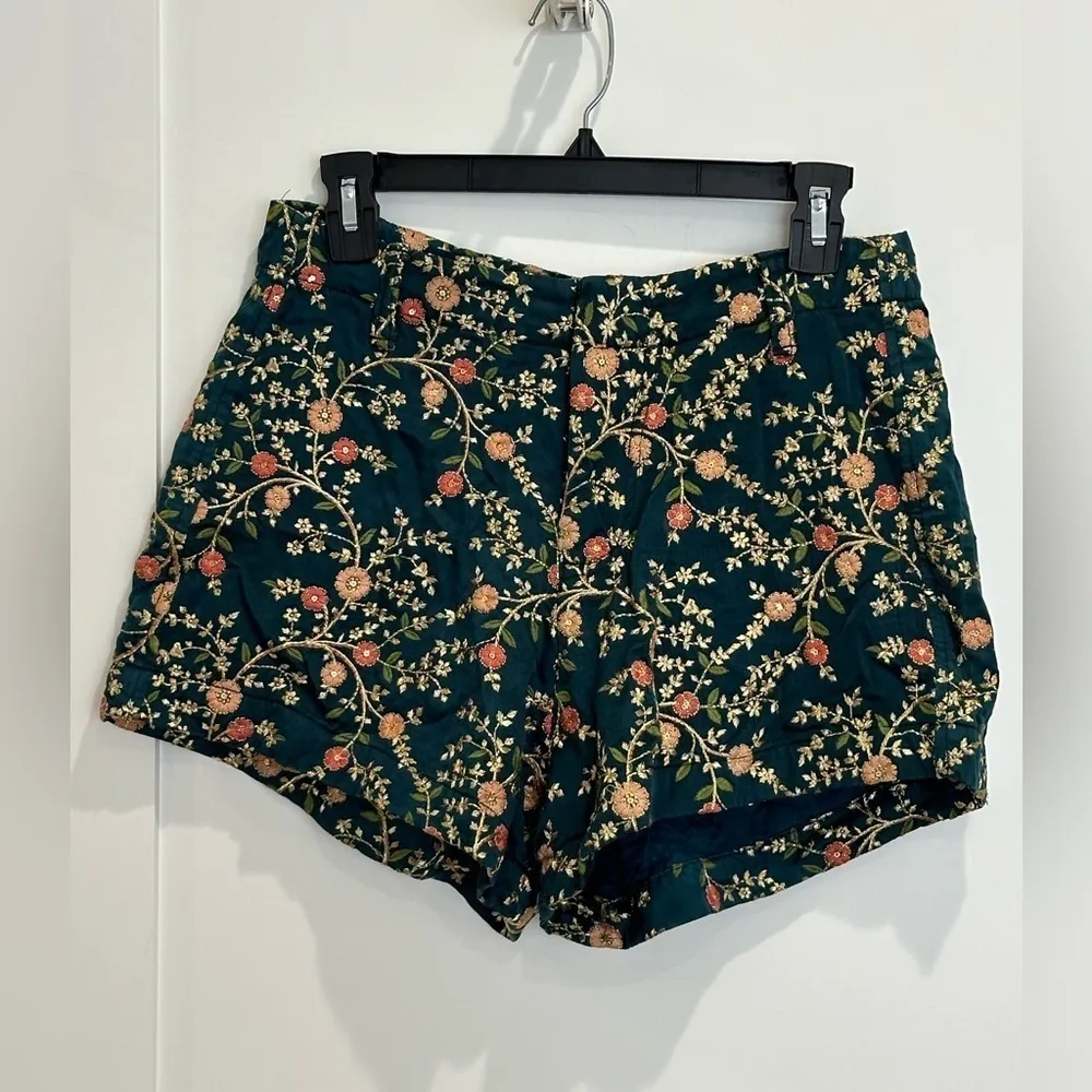 Momo New York Floral Embroidered Silk Shorts X Free People Turquoise Medium Boho - Image 5