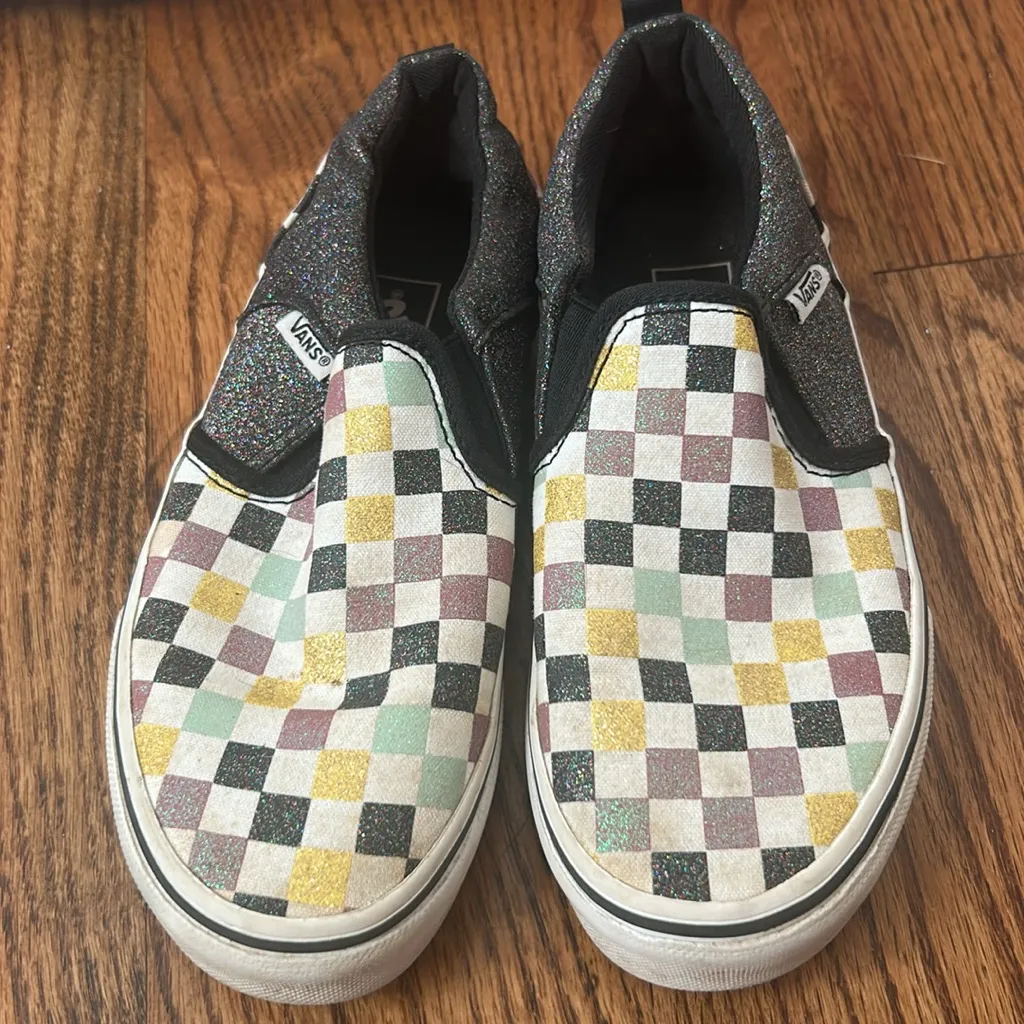 Vans Asher Checkerboard Glitter Sneakers Size 2 - Image 2