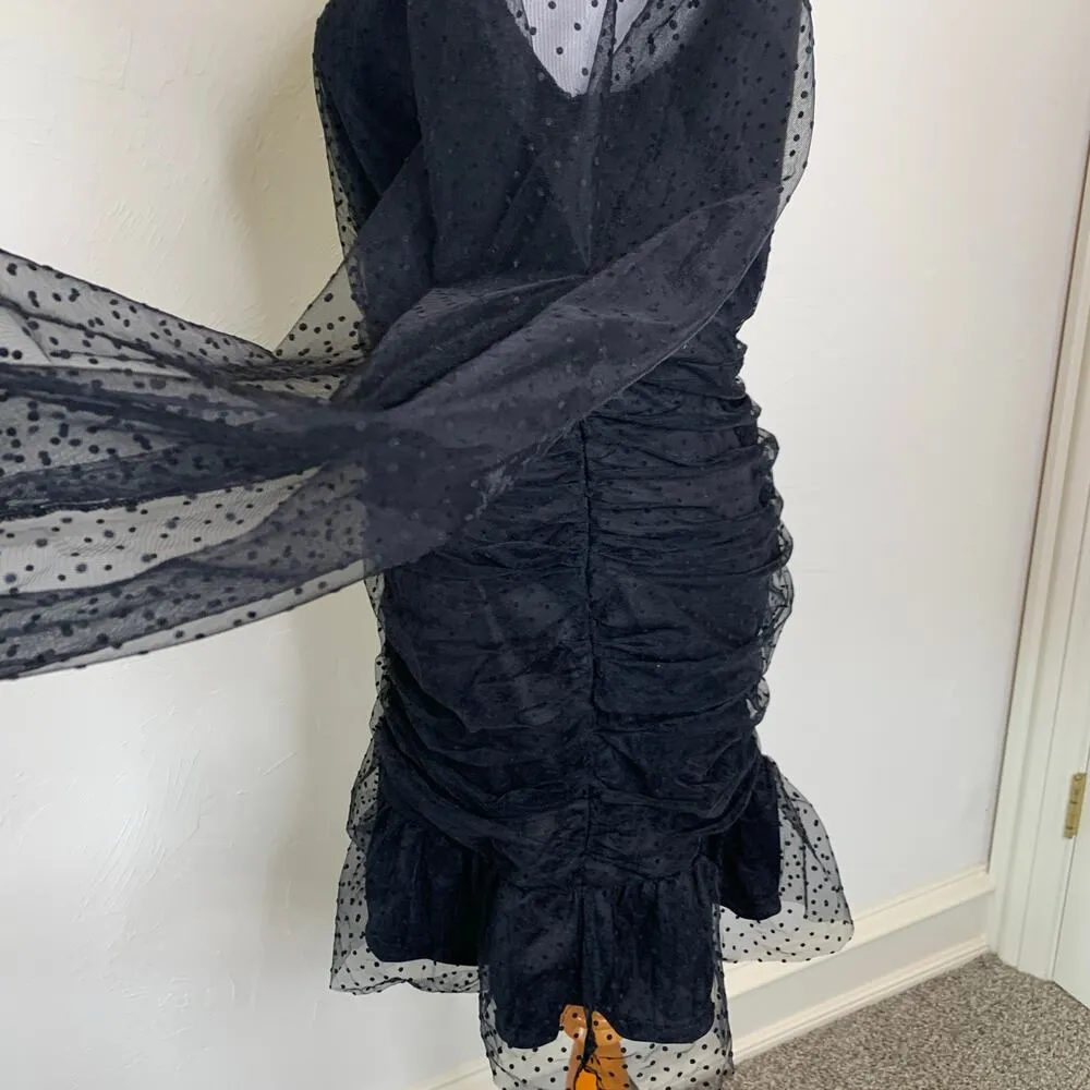 Black Shirred Swiss Dot Dress Sheer Long Sleeve Sz Large - Image 3