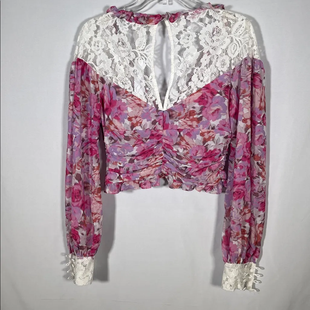 FOR LOVE AND LEMONS LARA PINK ROMANTIC LACE SEMI CROP TOP BLOUSE MEDIUM NEW - Image 6