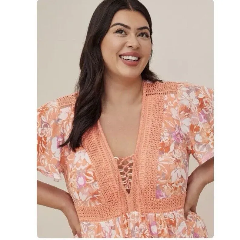 Torrid Coral‎ Floral Crinkle Gauze Lace Up Midi Dress Size 2X Pockets Tassels - Image 2
