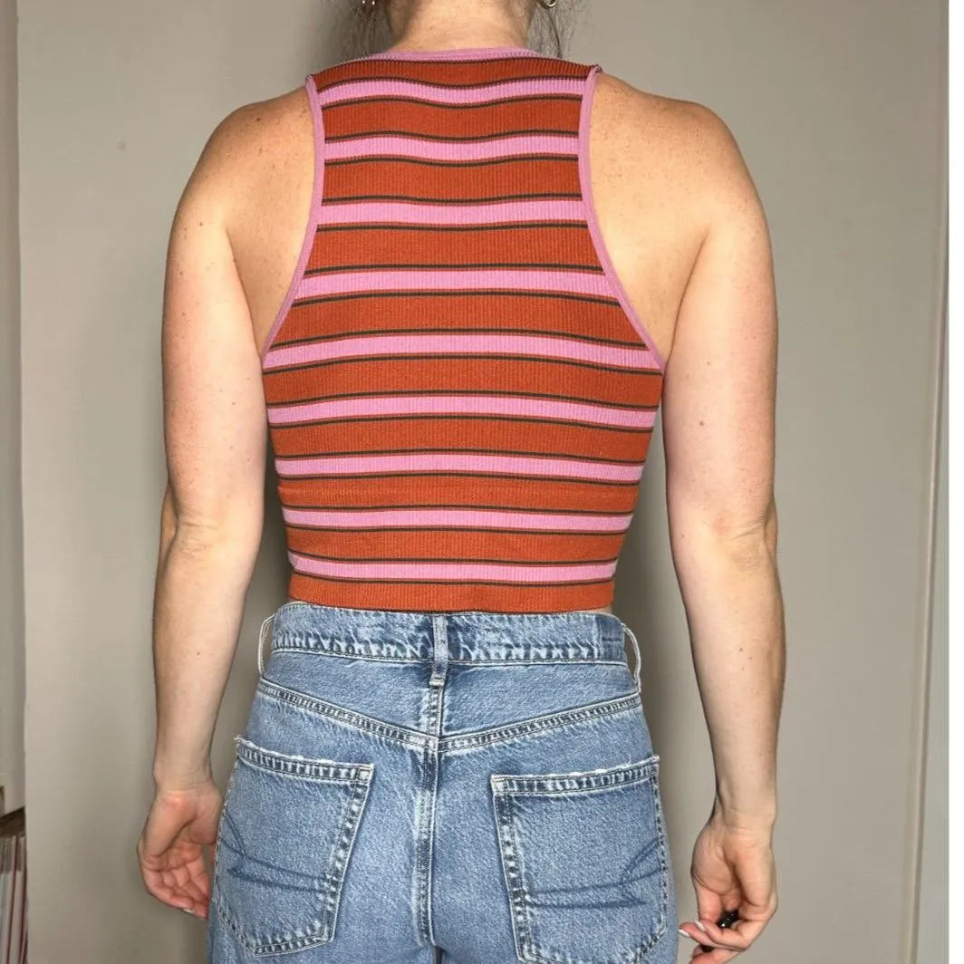 Arizona Body Orange Pink Striped V Neck Crop Top Fits like a Size Small - Image 2