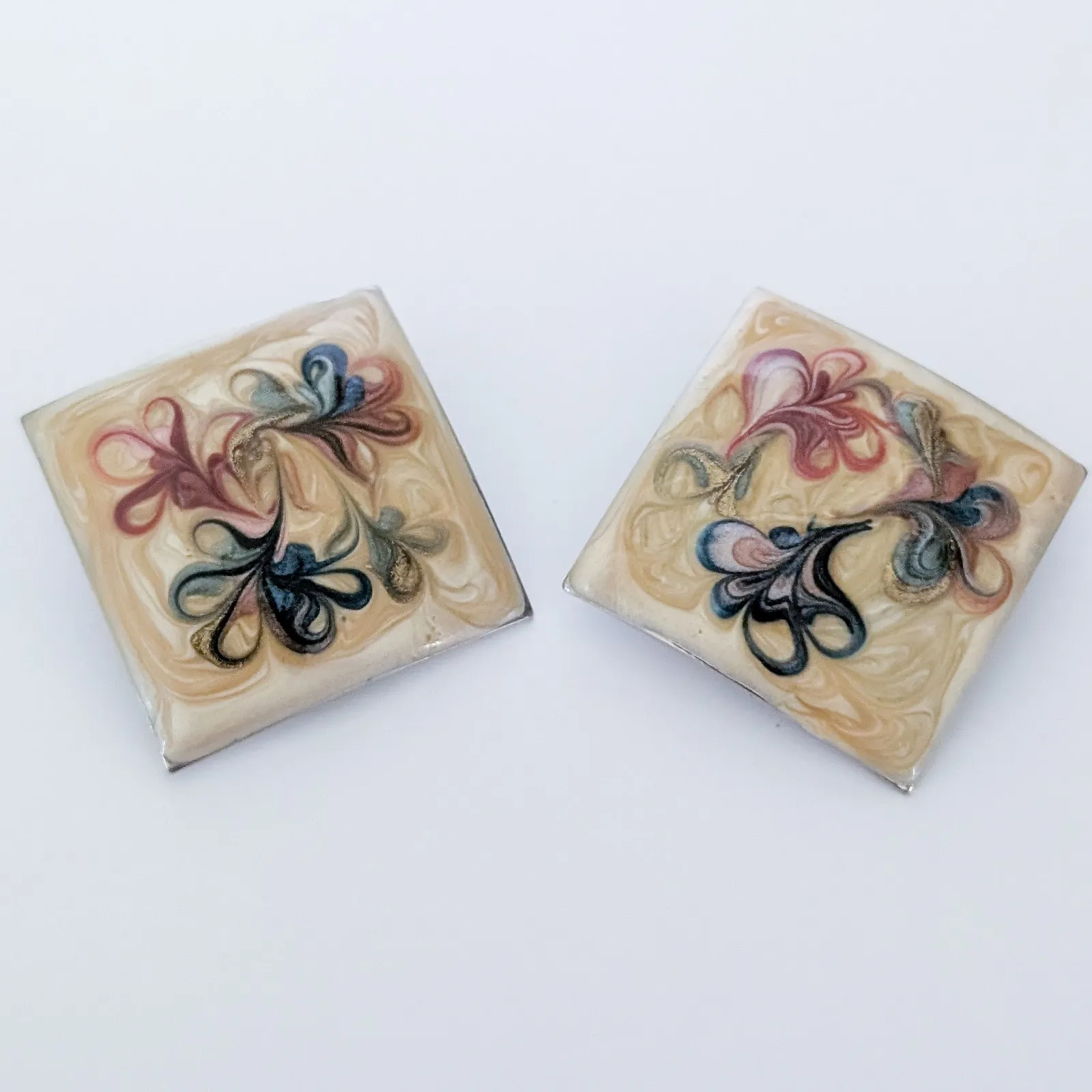 Vintage Clip On Earrings Enamel Large Square - Image 3