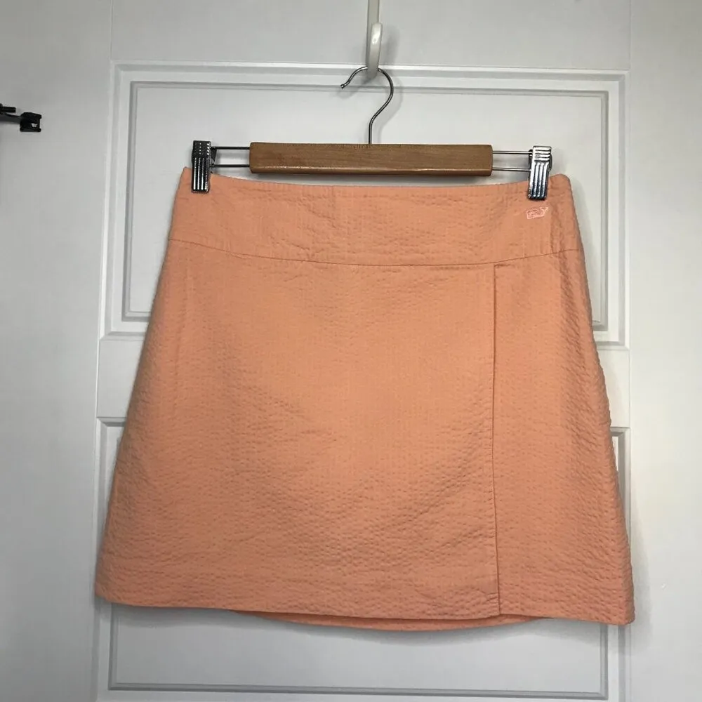 Vineyard Vines Faux Wrap Seersucker Mini Skirt Women's Size 4 Peach Cotton Lined - Image 3