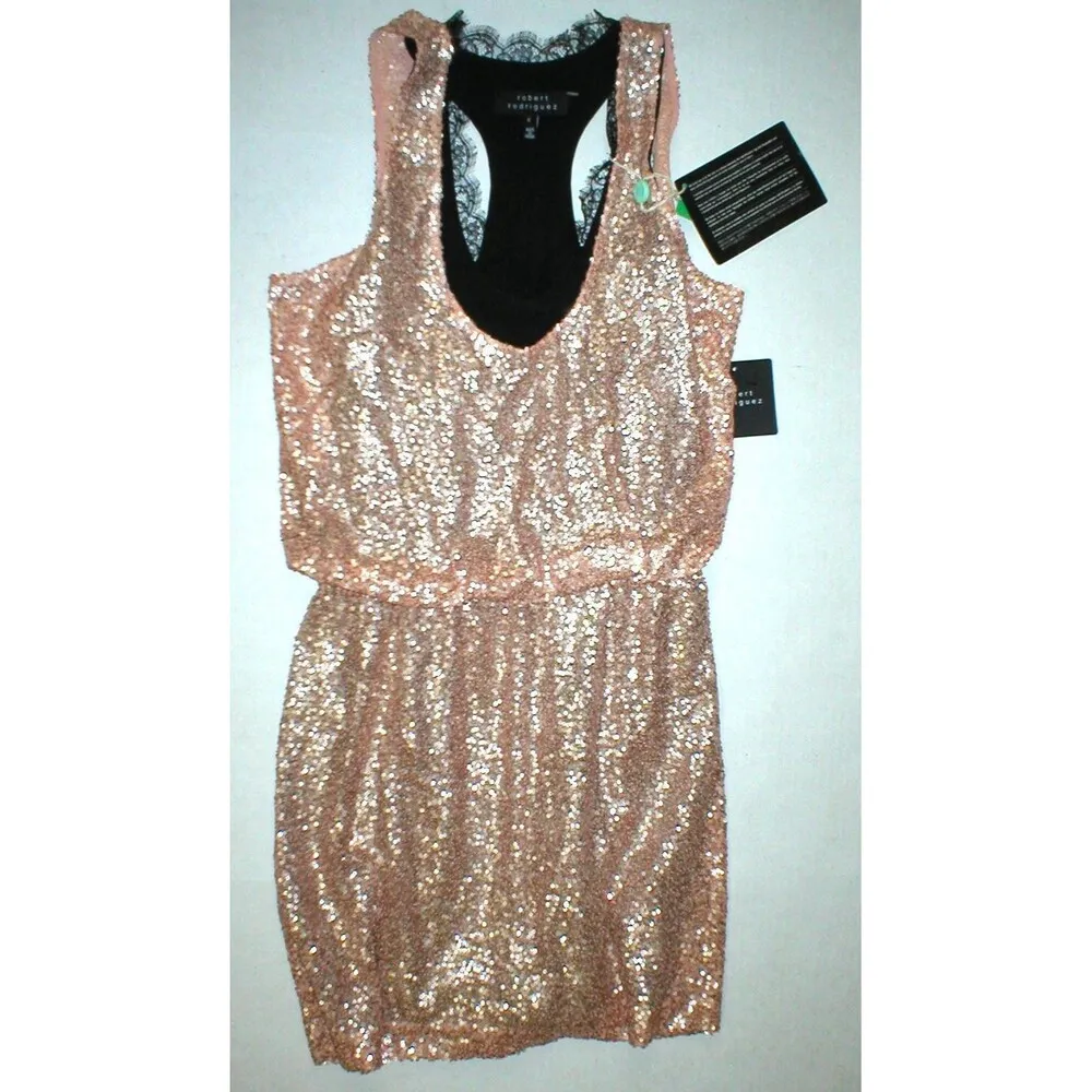 New Womens NWT Designer Robert Rodriquez Sequin Dress 4 Blush Rose Gold Blouson - Image 2