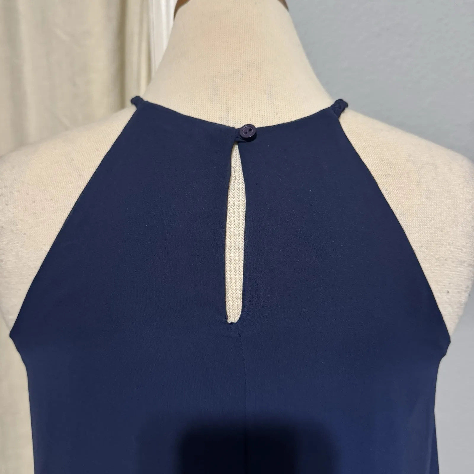 Soprano Navy Blue Chiffon Halter Neck Pleated Sheer Lined Mini Dress Size XS USA - Image 6