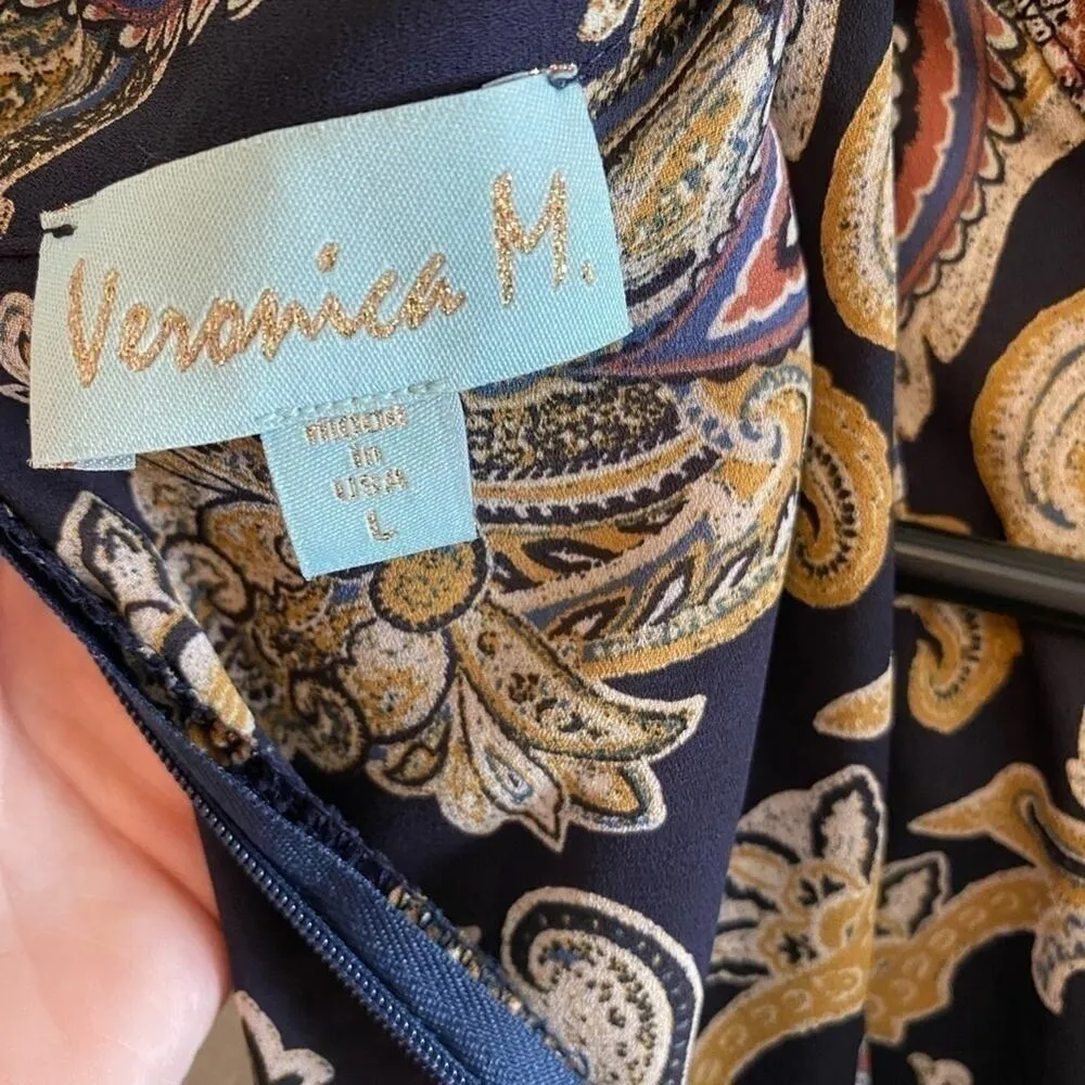 Veronica M. Navy Blue Paisley Print Long Belll Sleeve Cold-Shoulder Blouse Large - Image 5