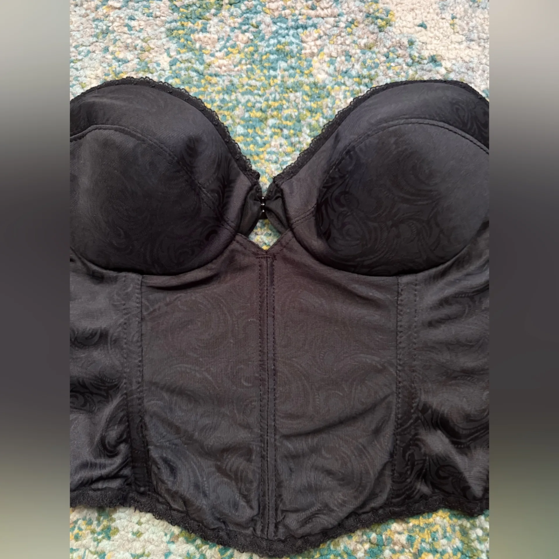Vintage Smoothie black satin keyhole black bra bustier corset, size 36B - Image 8