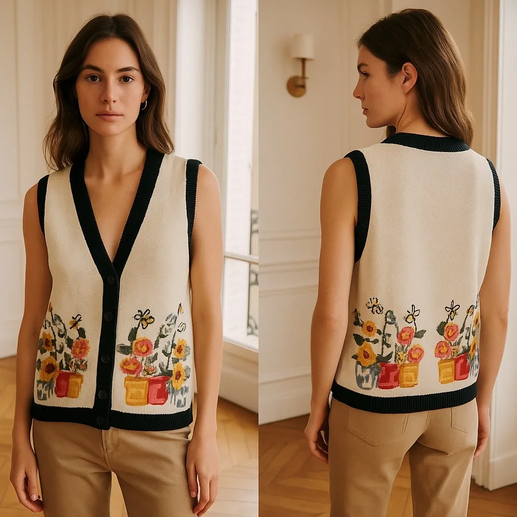 Vintage Bechamel Floral Vest Medium Cream Black Knit Sleeveless Garden Button Up - Image 9