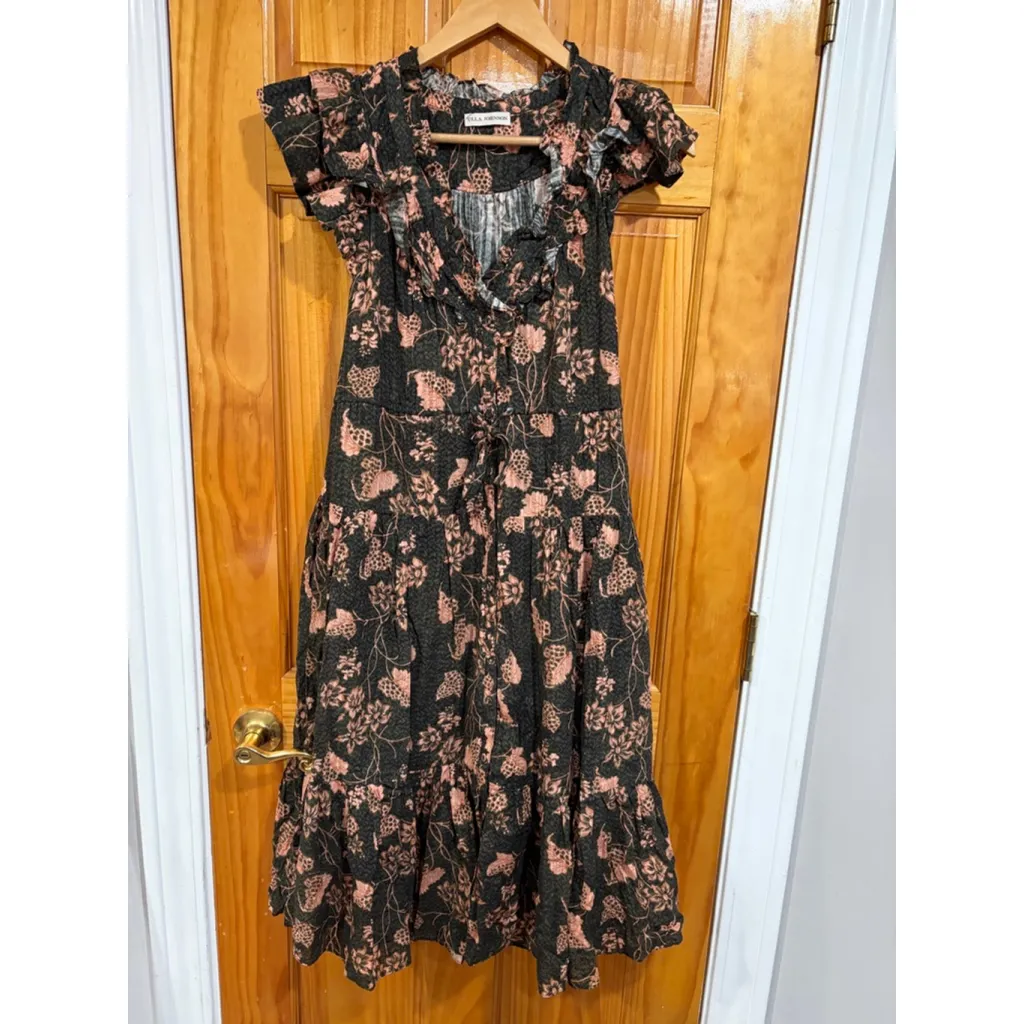 Ulla Johnson Floral Ruffle Midi Dress 00 Black Pink Boho Drawstring Waist Cotton - Image 2