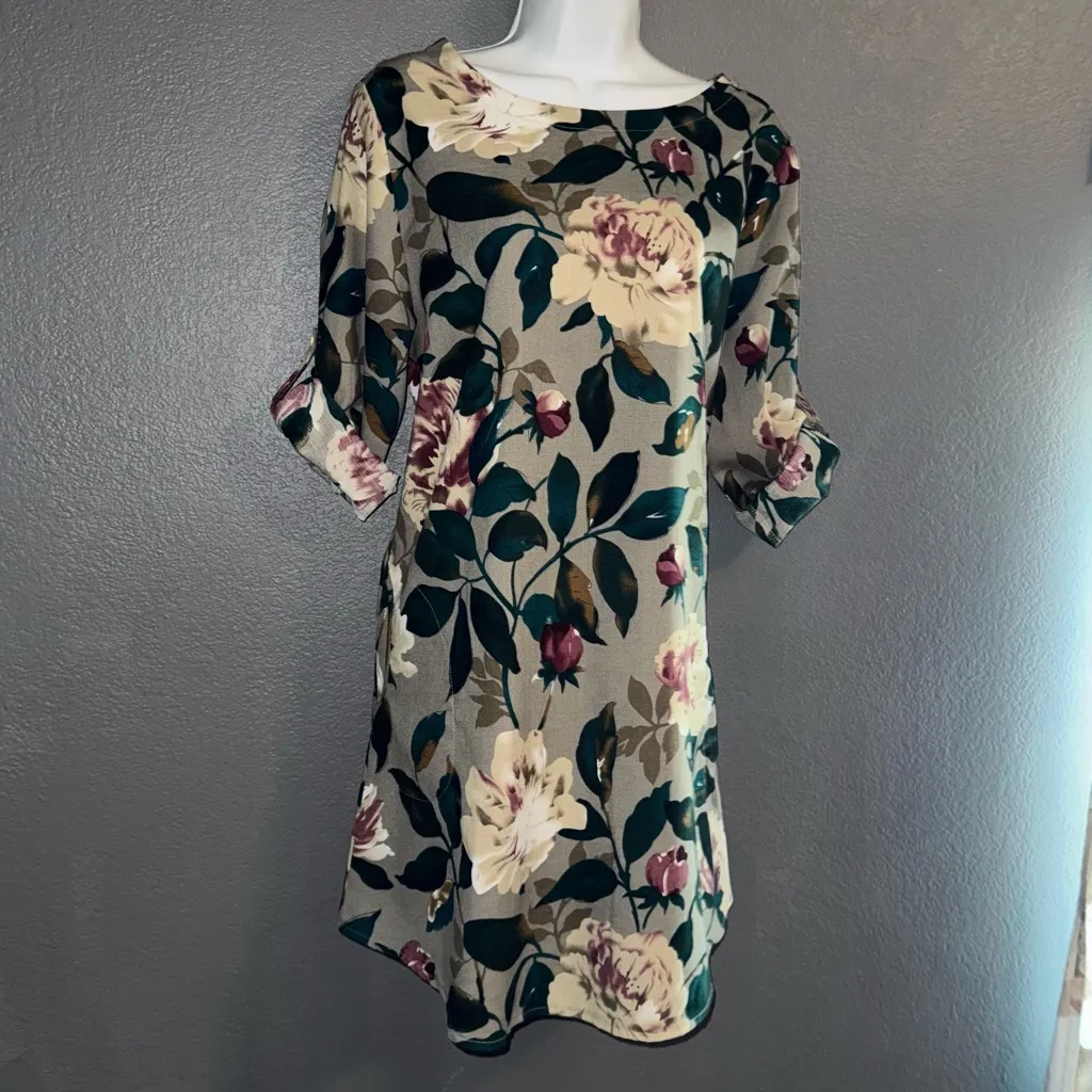Women’s New Floral Boutique Shift Short Sleeve Beige Brown Sundress Dress Large Green - Image 5