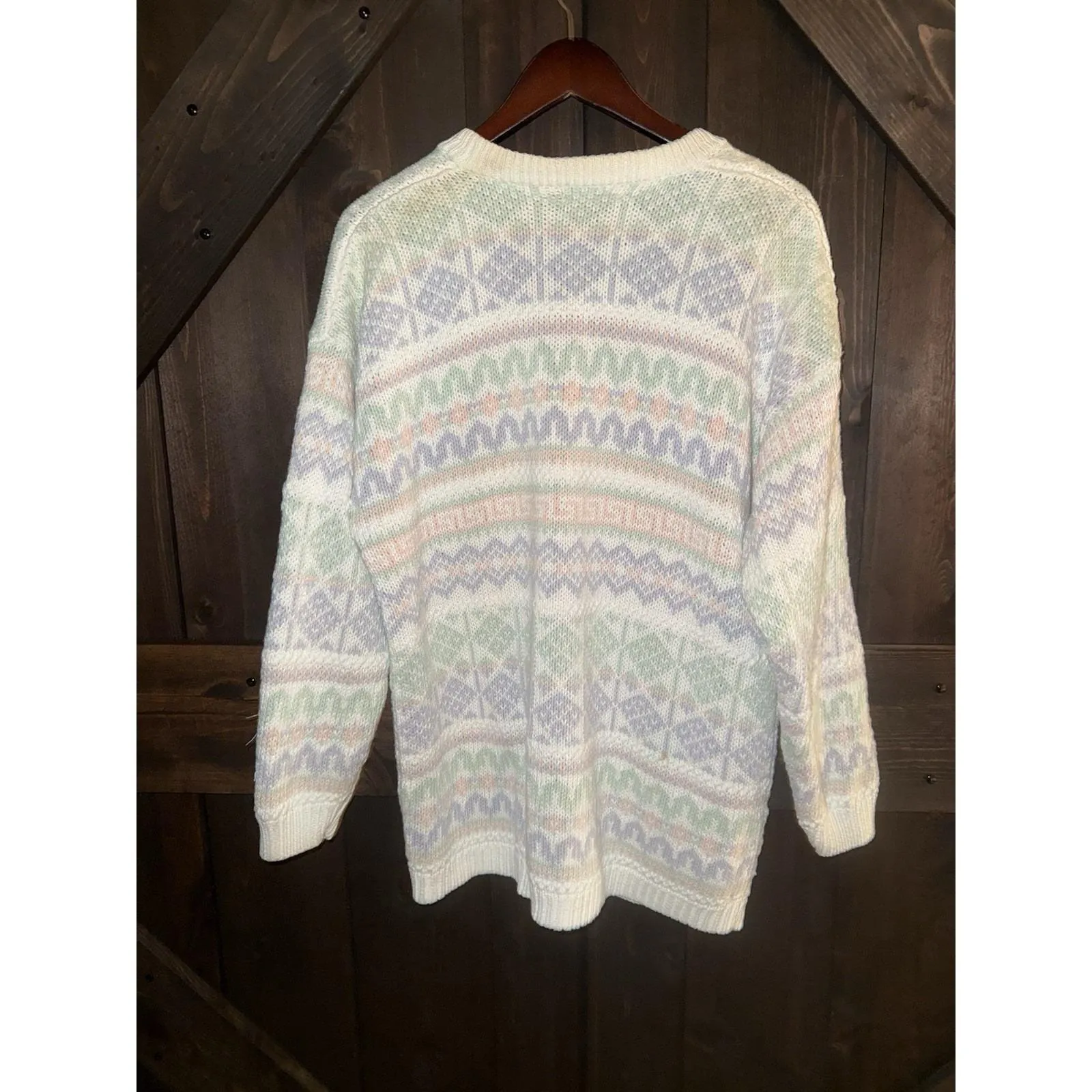 VTG Marsh Landing Sweater Women's L‎ Large Pastel Fair Isle Cardigan Cream 90s - Image 5