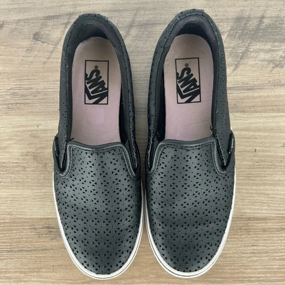 Vans Asher Black Floral Perforated Leather Slip-on Skate Casual Shoes Size 6.5 - Image 9