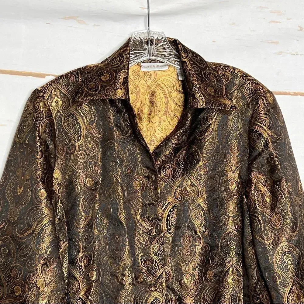 Draper's & Damon's Petite Gold Brown Brocade Jacket Size Large Long Sleeve - Image 6