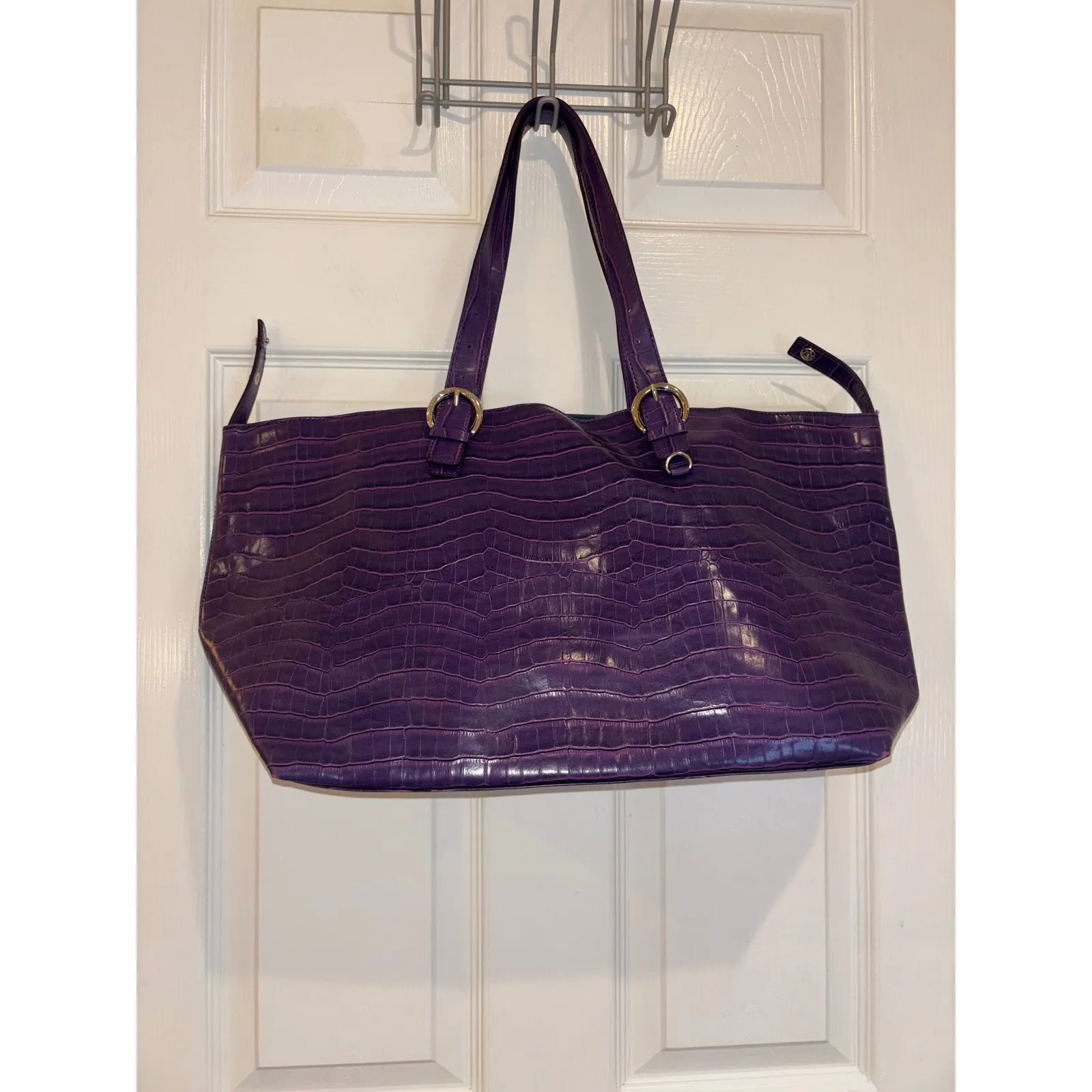 Apostrophe Purple Faux Croc Tote Bag Shoulder Bag Gold Buckle Accents - Image 5