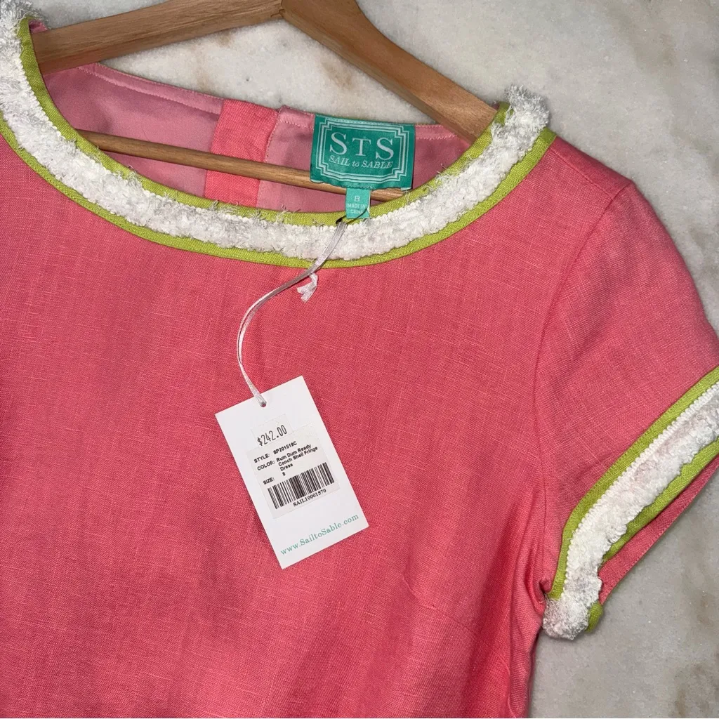 STS Sail to Sable Peachy Pink Linen Shift Dress Bouclé Trim And Gold Back Zip - Image 2