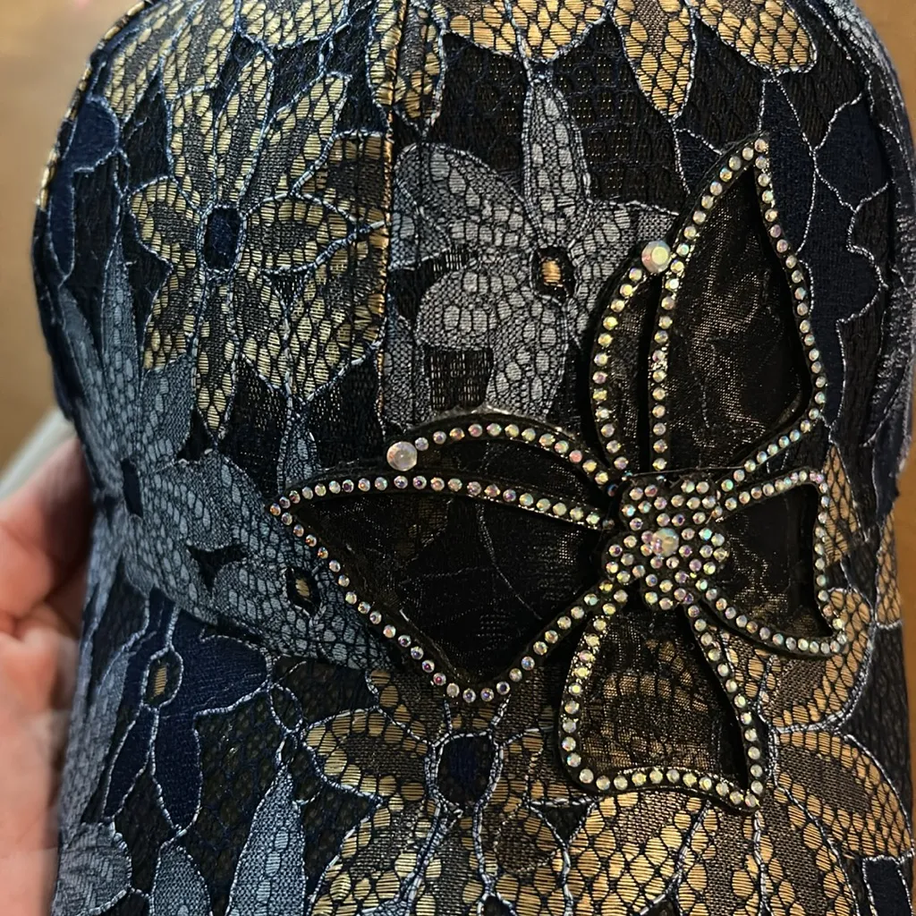 Floral Lace Cap with Rhinestone Butterfly Blue - Image 3