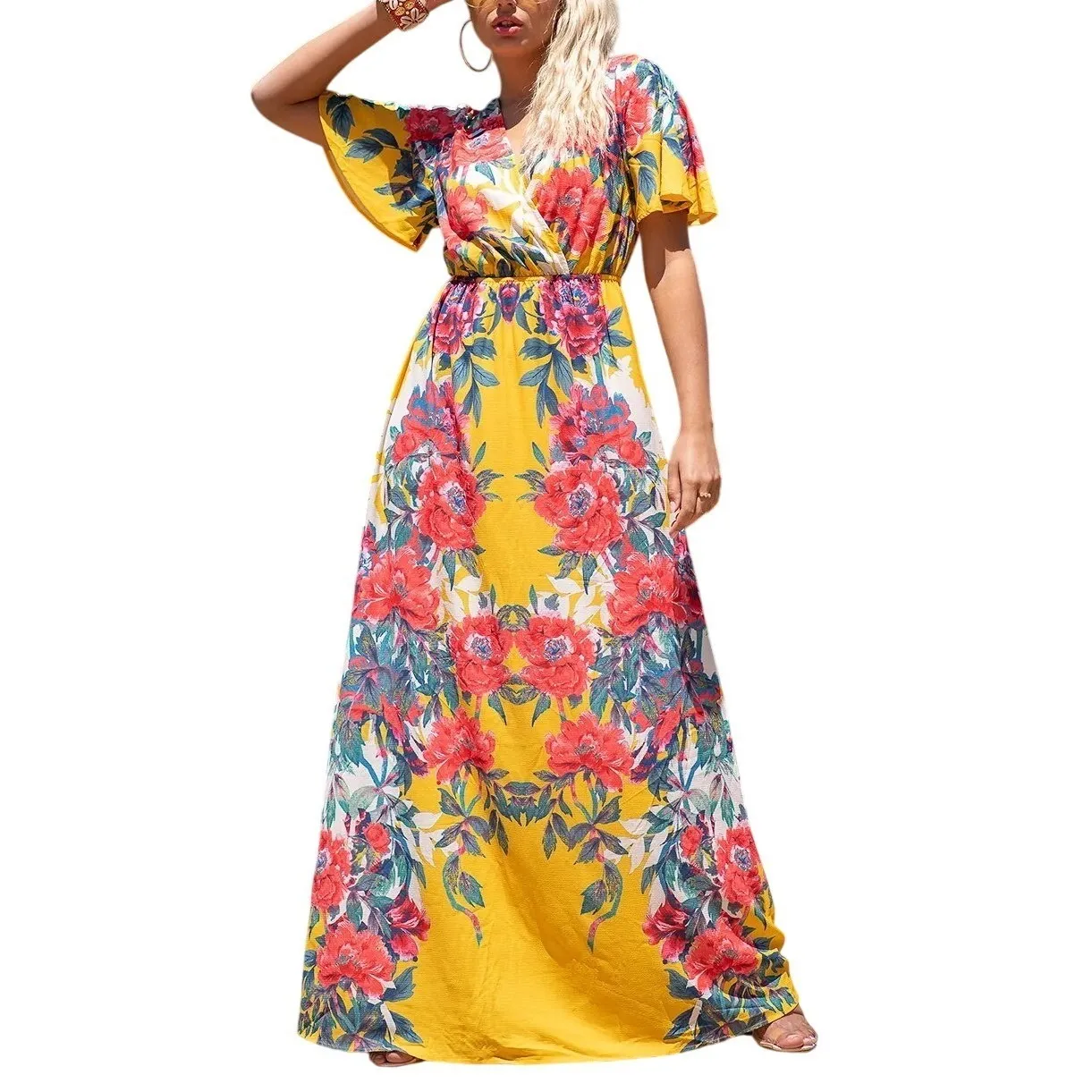 Flying Tomato Yellow Floral Maxi Dress Flutter Sleeve VNeck Bohemian Boho Size M - Image 2