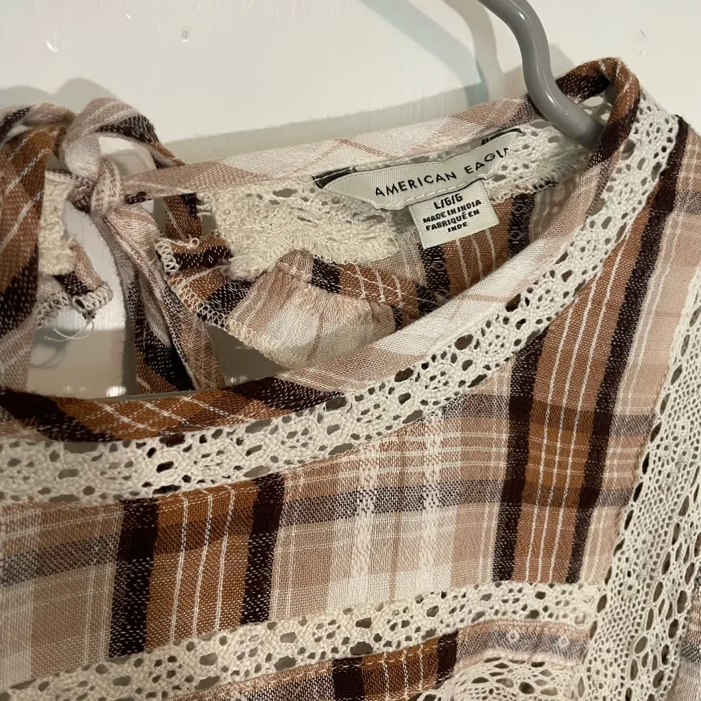 American Eagle Outfitters Brown Plaid Lace Blouse - Image 5