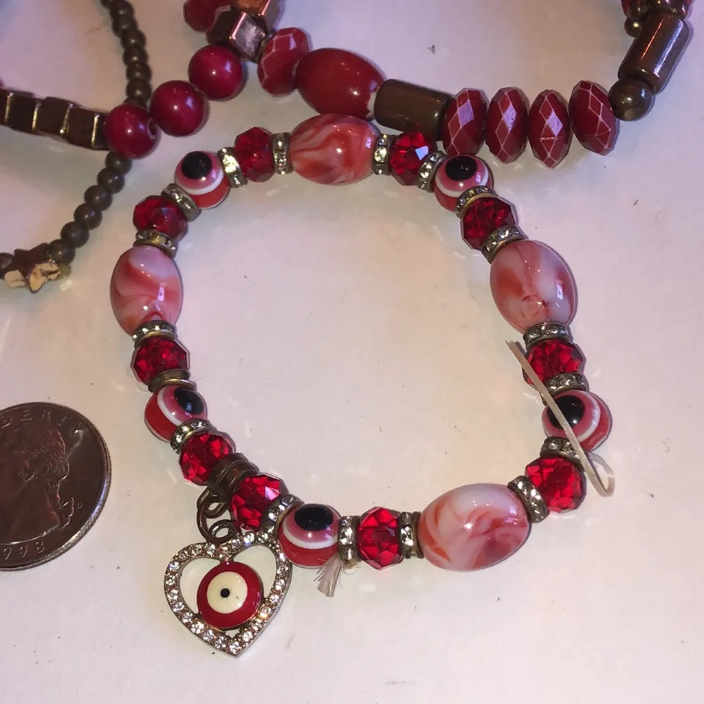 Red and Brass Tone Beaded Boho Evil Eye Bracelet Set - Image 8