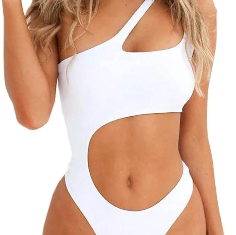 NWT SherryDC Women's Sexy Cutout One Shoulder High Cut Cheeky One Piece Swimsuit White - Image 3