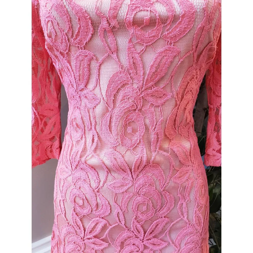 Emma Rose Shift Dress Women's Small Pink Floral Lined Lace Back Zip Round Neck - Image 8