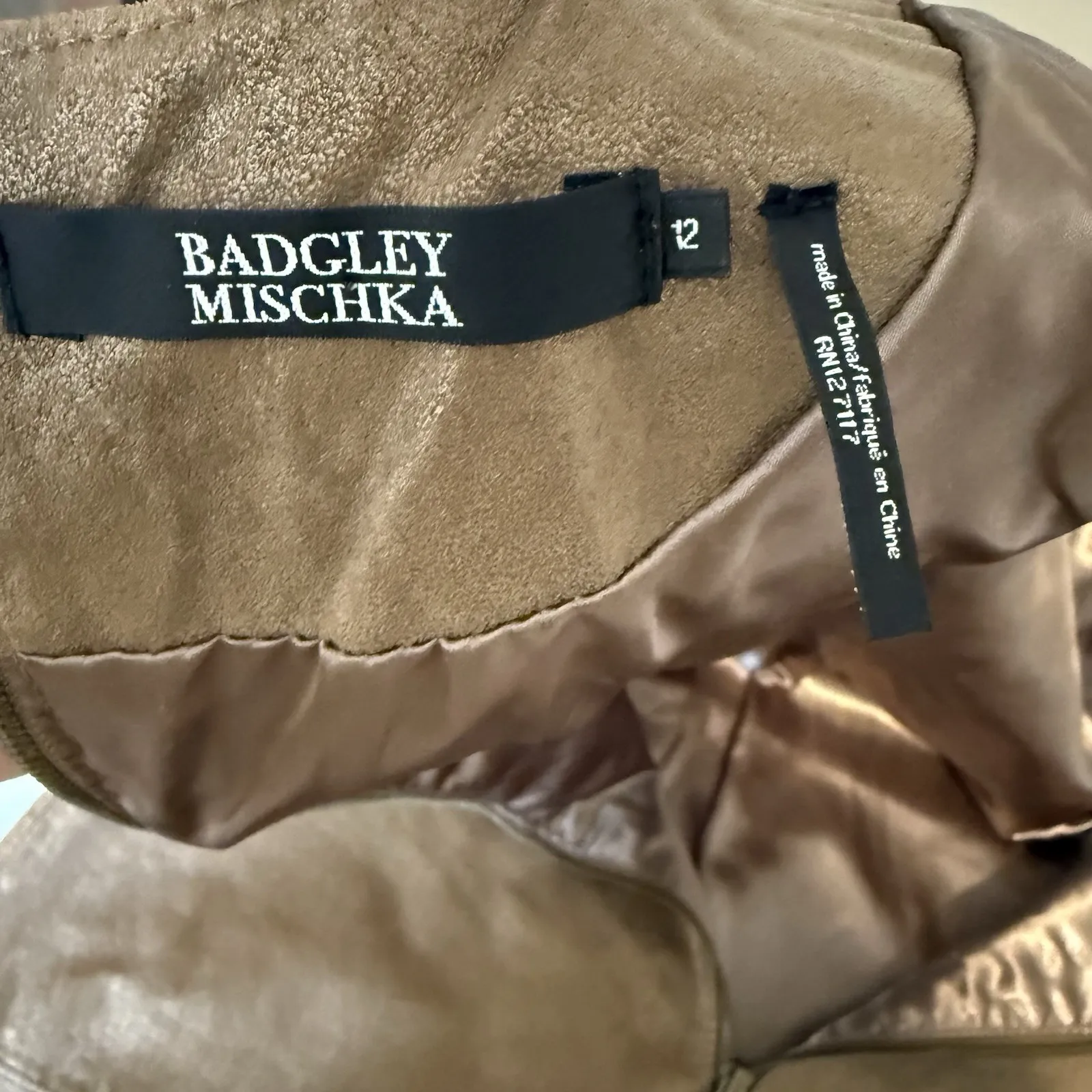 Badgley Mischka "Belle Sleeveless brown Gold Genuine Leather Dress Sz 12 Elegant - Image 7