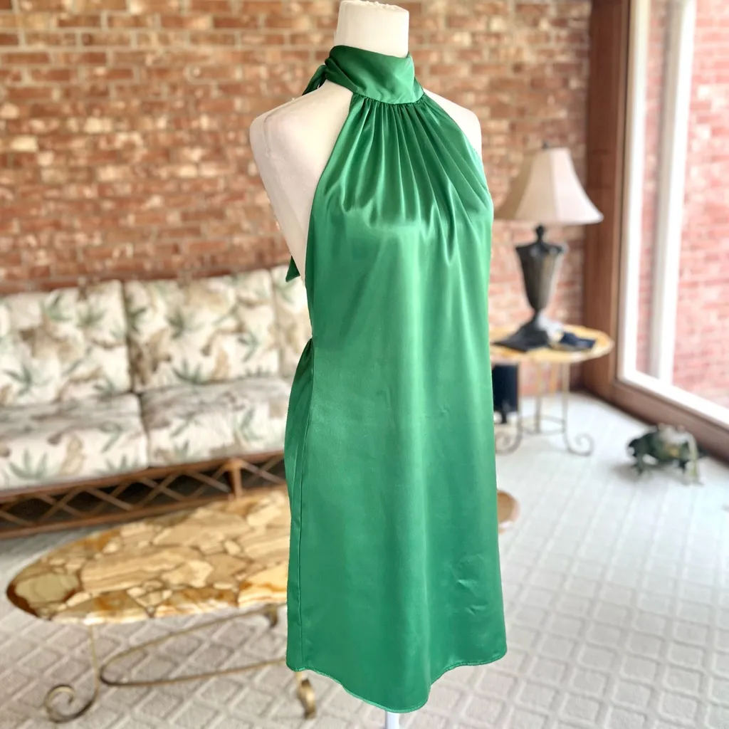 Flounce Dress Satin Mini Backless High Tie Neck Emerald Green 6 Halter Cocktail - Image 12