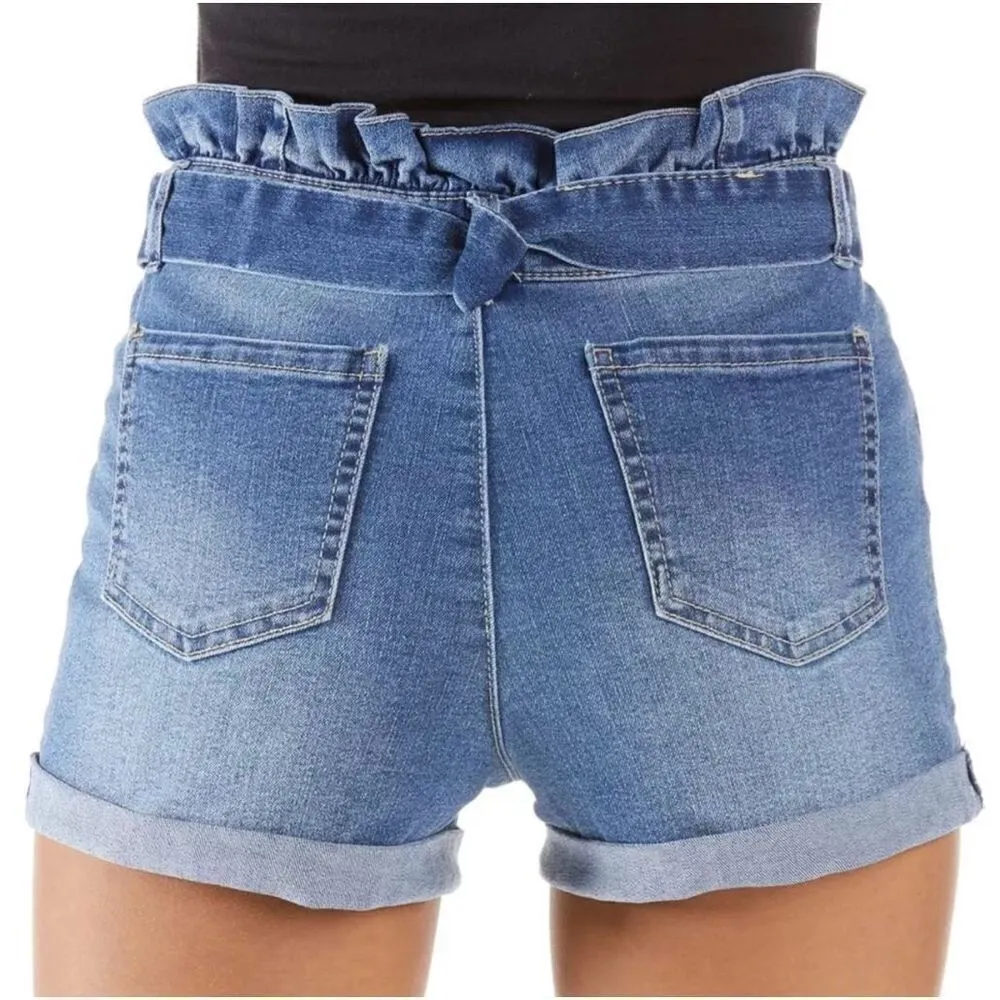 Juniors Womens Blue Spice High Waist Medium Wash Paperbag Shorts - Sz 9 - Image 2