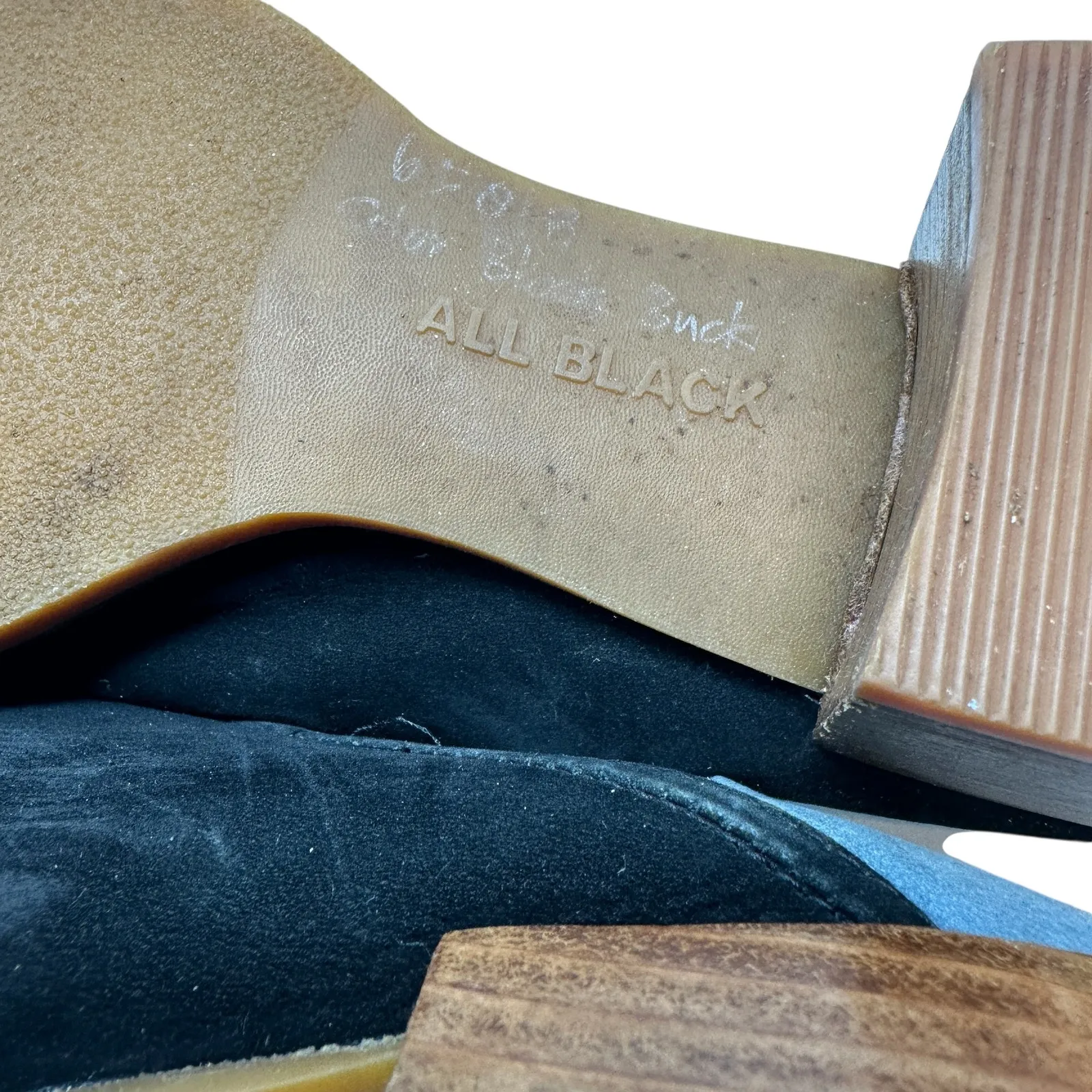 All Black Mules‎ Heel Collapsible Back Slip On Suede Leather Black Blue Sample Size 7 - Image 13