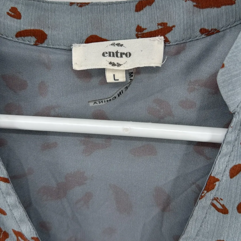 Entro Blue and Rust Mini Dress animal print v-neck ruffle drop waist L fall - Image 9