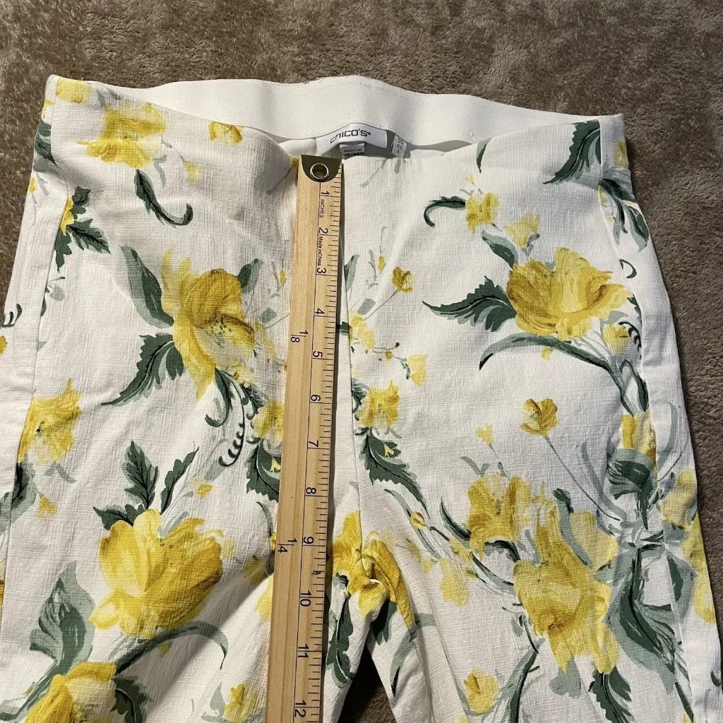 Chicos Pants Womens 2 Size Large White Yellow Floral Stretch Waistband High Rise - Image 6