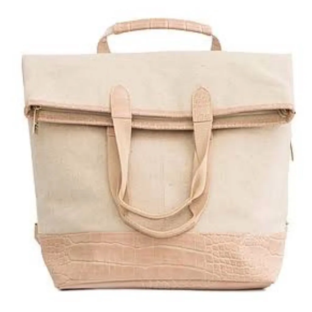 BEIS Everyday Convertible Backpack Tote Beige Cotton Canvas Faux Leather Straps - Image 5