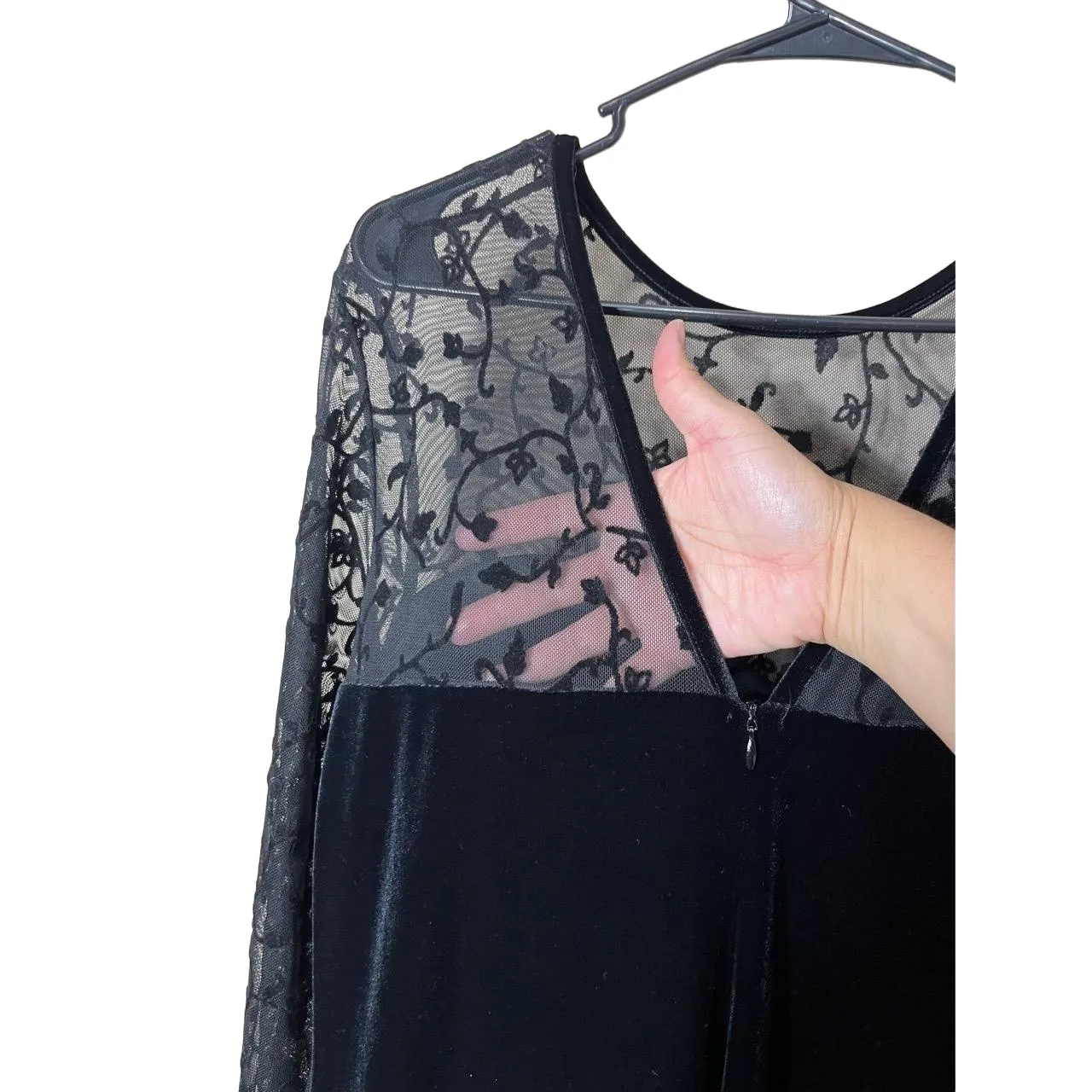 AMANDA‎ SMITH Black Velvet Sheer Lace Top Vintage Maxi Evening Dress 10 - Image 8