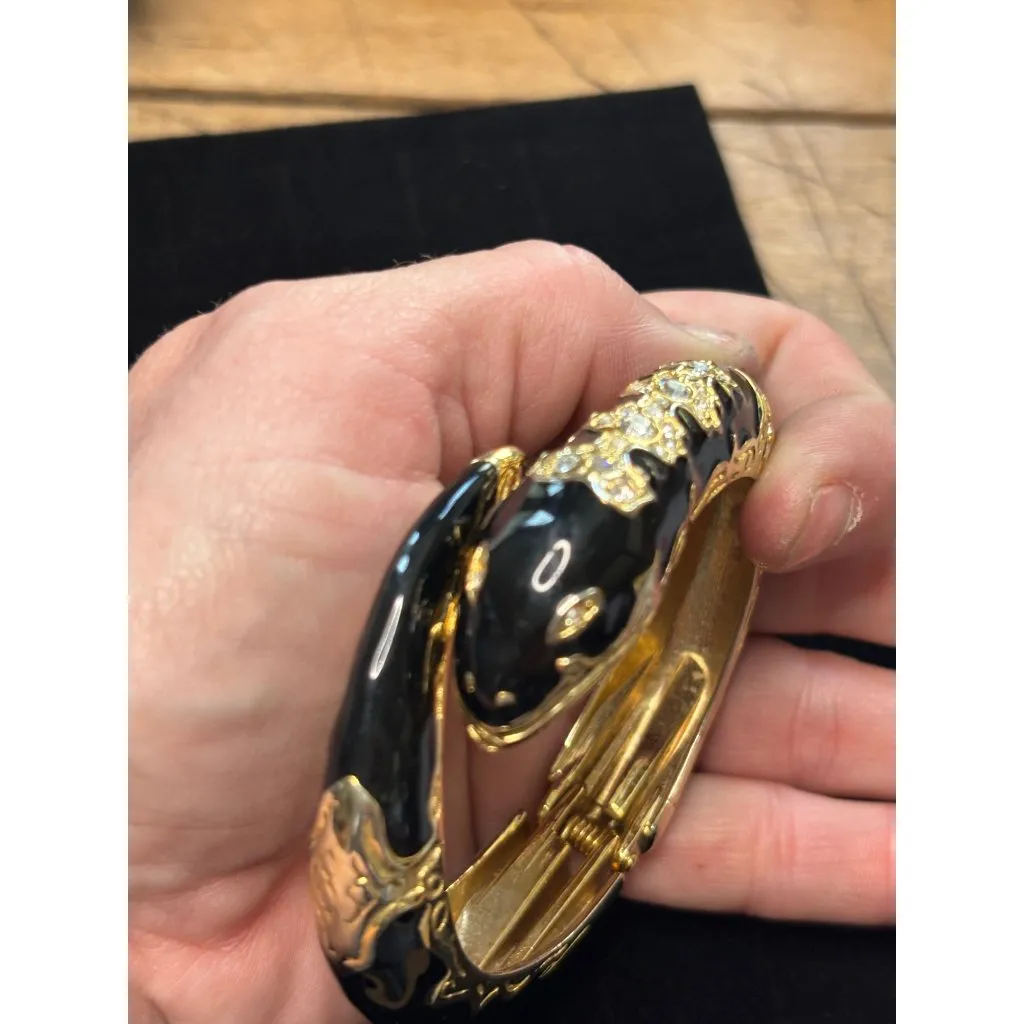 Gold & Black Snake Hinged Bangle Bracelet With Rhinestone Embellishment - Image 6