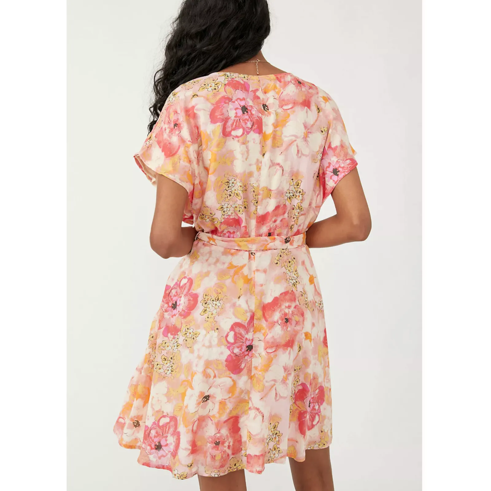 Free People Pink Floral Fit Flare Mini Dress MEDIUM Plunging Romantic Vacation - Image 2