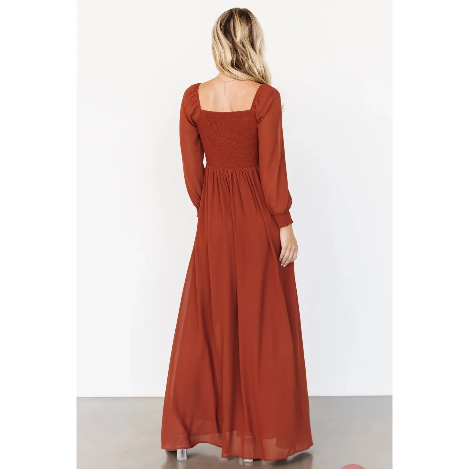 Baltic Born Giselle Rust Square Neck Smocked Bodice Long Sleeve Maxi Dress L - Image 4