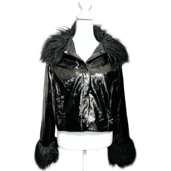 Divided  Black patten Leather cropped Jacket with Faux Fur Trim - Image 6