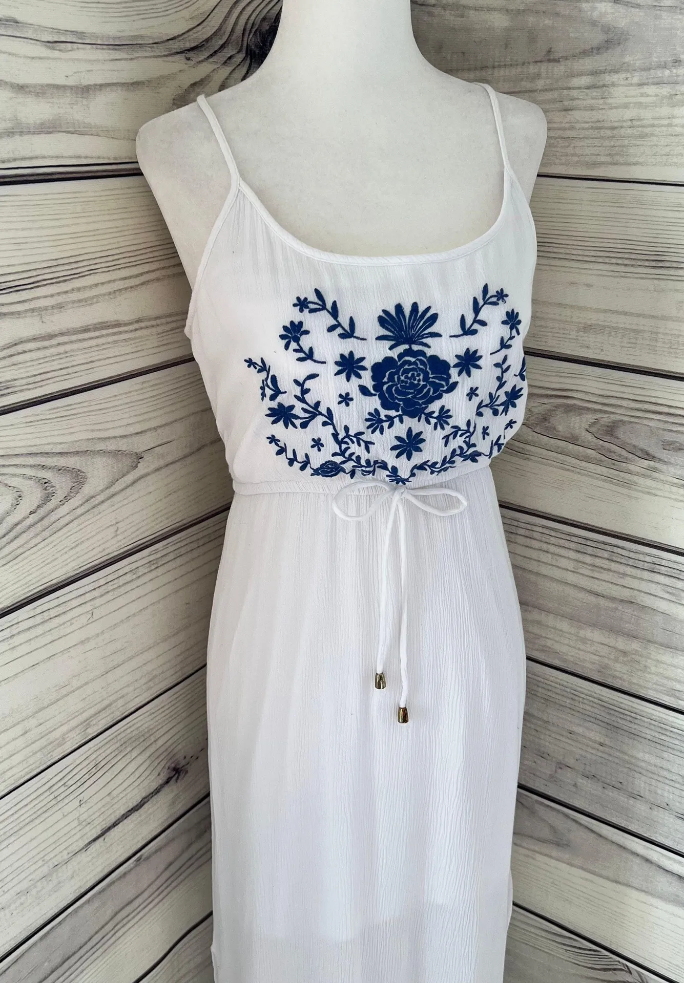 White & Blue Floral Embroidered Maxi Dress - Image 2