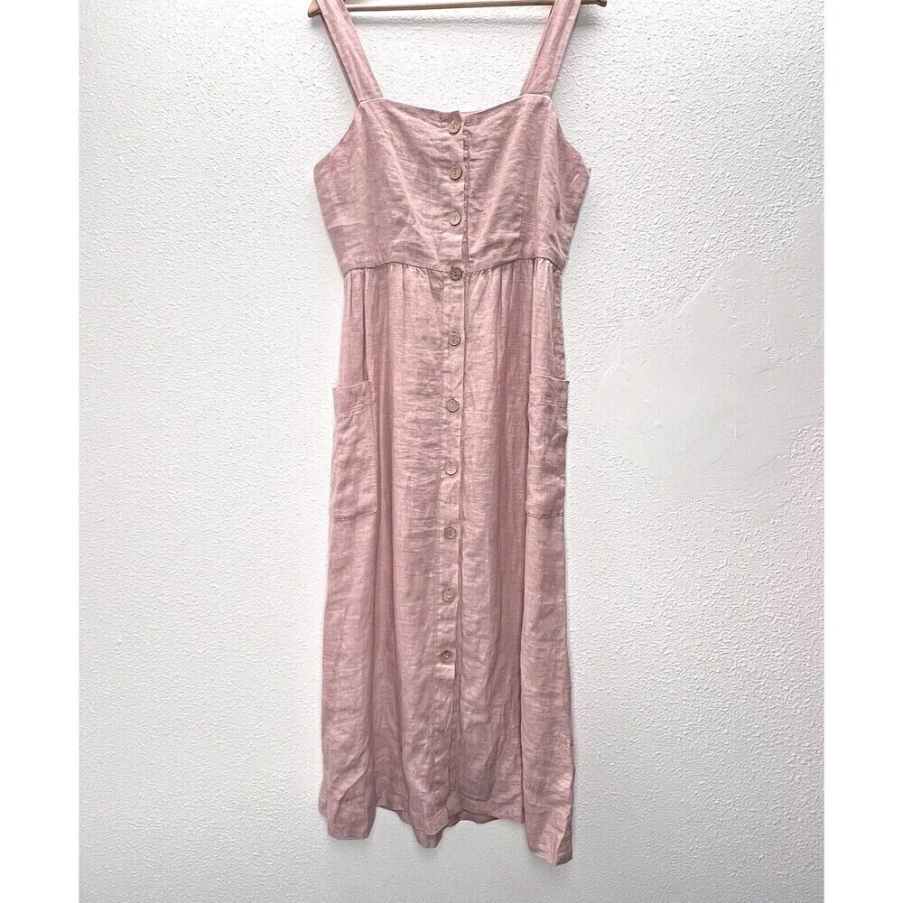 100% Linen Rachel Zoe  Dress Womens Blush Button Sleeveless pink Madi pockets 8. - Image 3