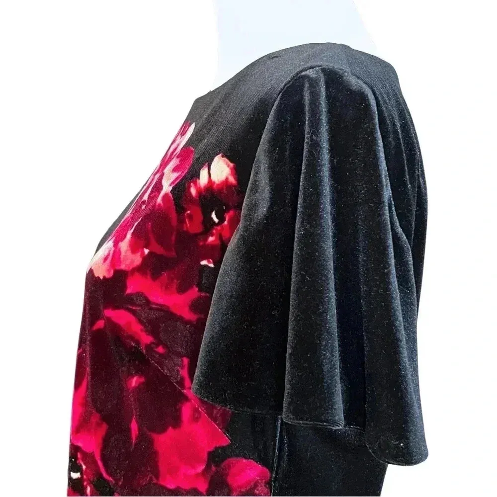 Whimsigoth Black Velvet Dress Asymmetrical Pink Floral Pattern. Sz 12. 90s Vibes - Image 9