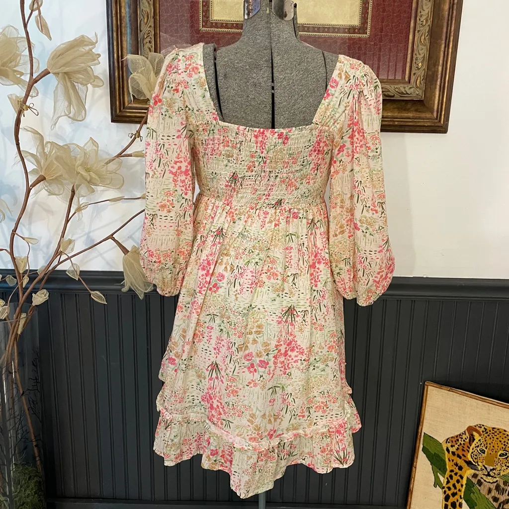 Meet Me In Santorini Floral Puff Sleeve Babydoll Cottagecore Mini Dress - Image 6
