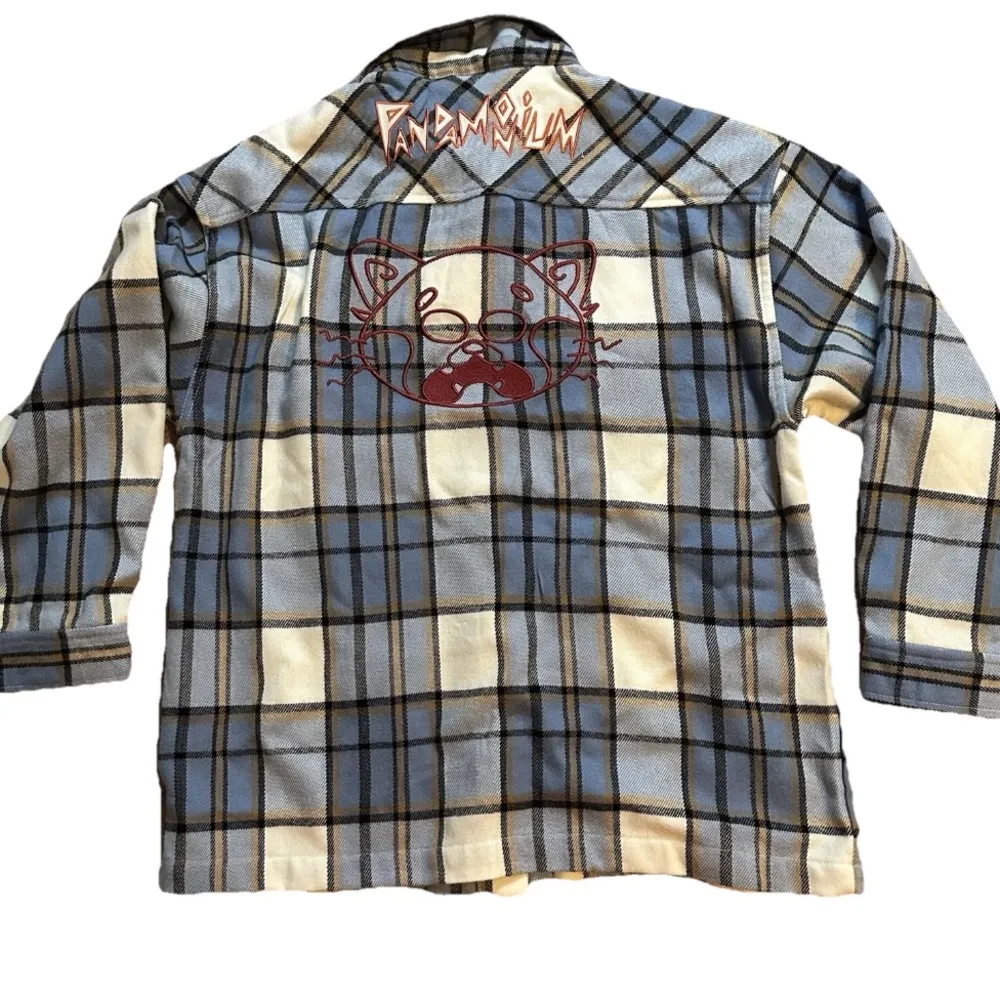NWOT Disbey Turning Red Panda Blue White Plaid Flannel Shirt Small Oversized - Image 2