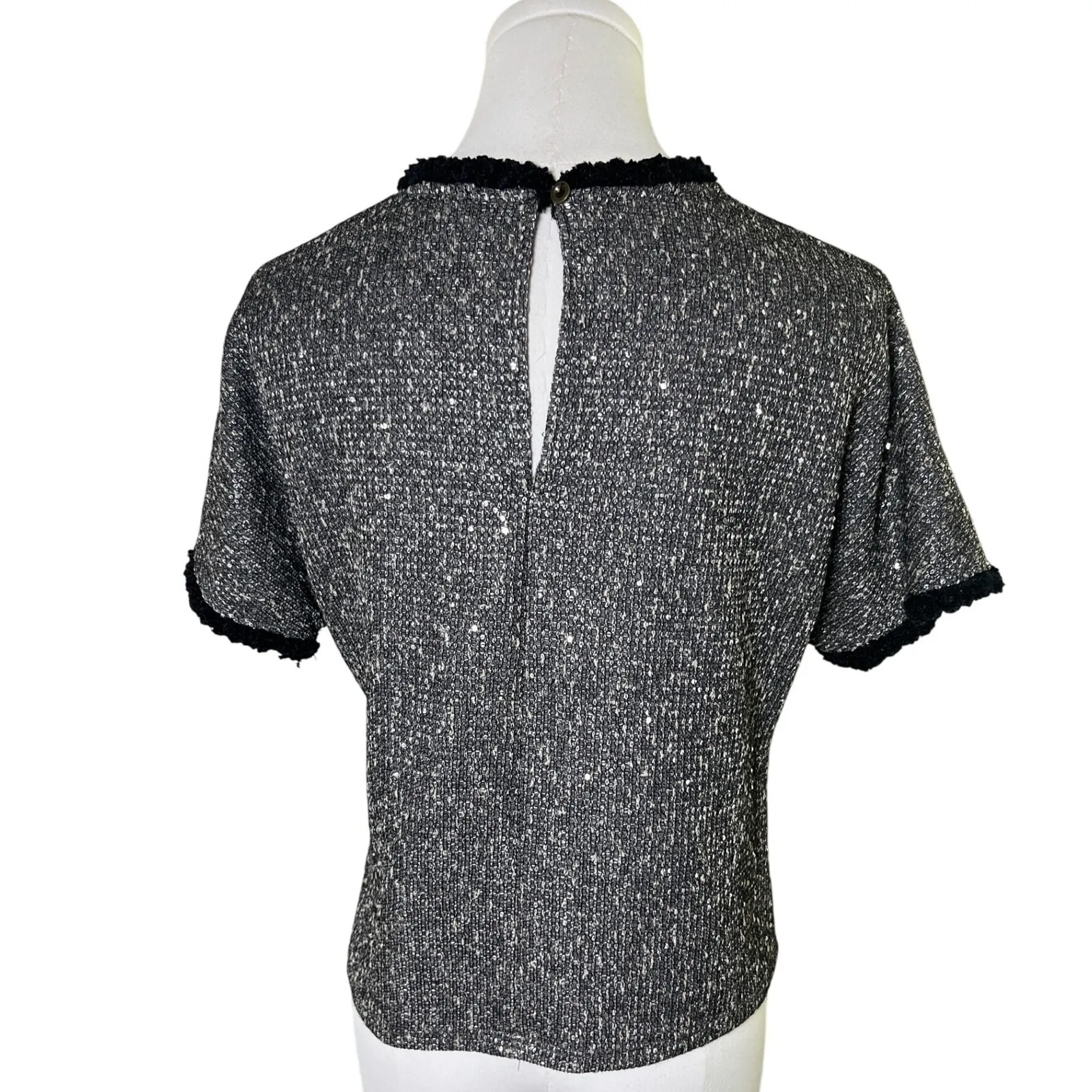 Waverly Grey Tweed Metallic Black Silver Top XS Short Sleeve Citycore‎ Gray - Image 4