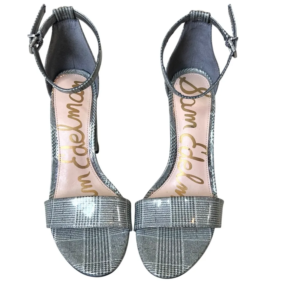 Sam Edelman Yaro Pewter Plaid Houndstooth Sandals Heels - Image 13