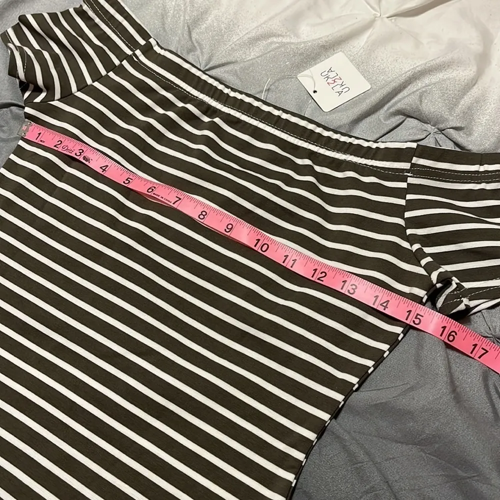 UK2LA Olive Green White Stripe Off The Shoulder Mini Bodycon Dress Medium - Image 2