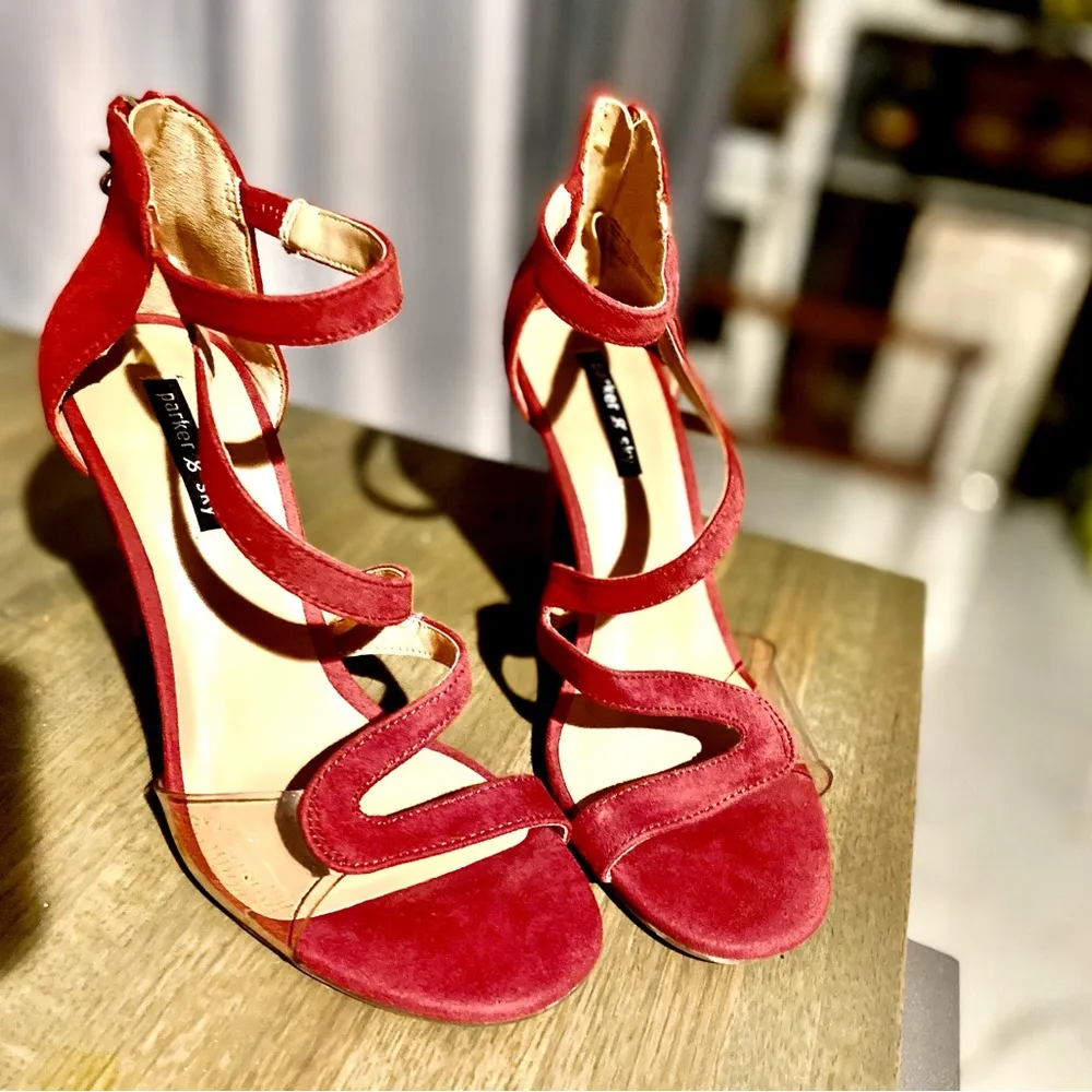 EUC Parker & Sky Women’s Strappy Red Velvet 4” Stilettos Size: 7 M - Image 2