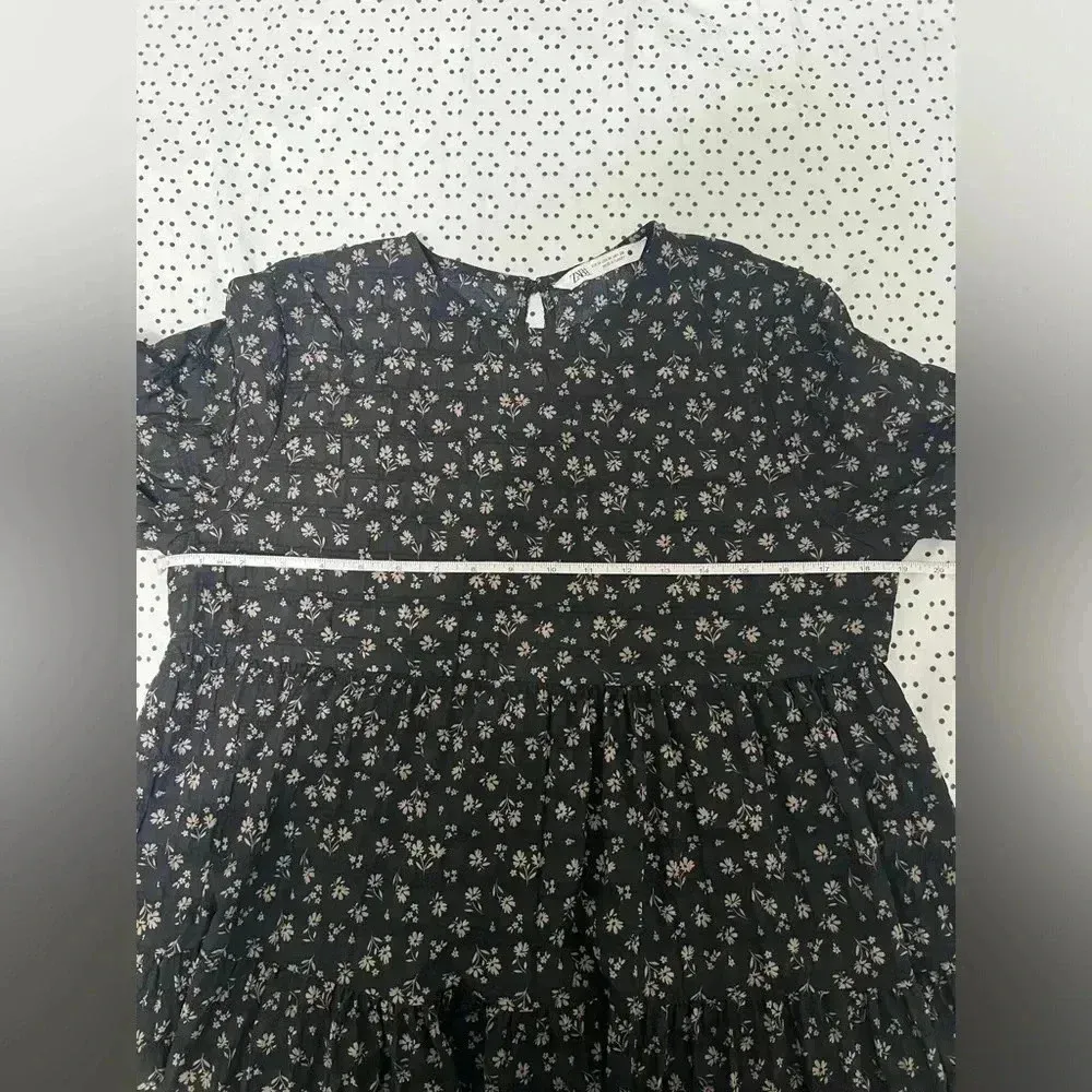 ZARA Mini Dress - Black Floral Balloon Sleeves Ruffle Dress (Size M) - Image 12