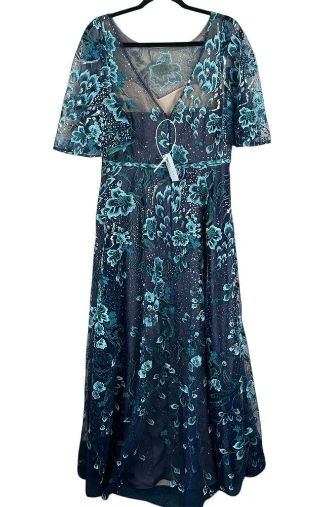 NEW Marchesa Notte Gown Womens 10 Sequin Embroidered Tulle Formal Maxi Dress Blue - Image 5