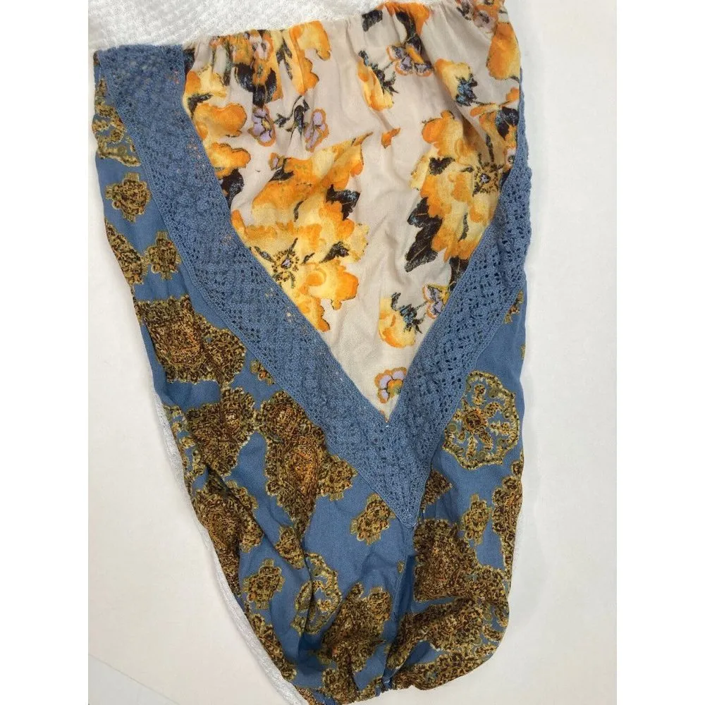 Free People Waffle Knit Ivory Pullover Top Womens M Floral Crochet Peasant Slv - Image 5